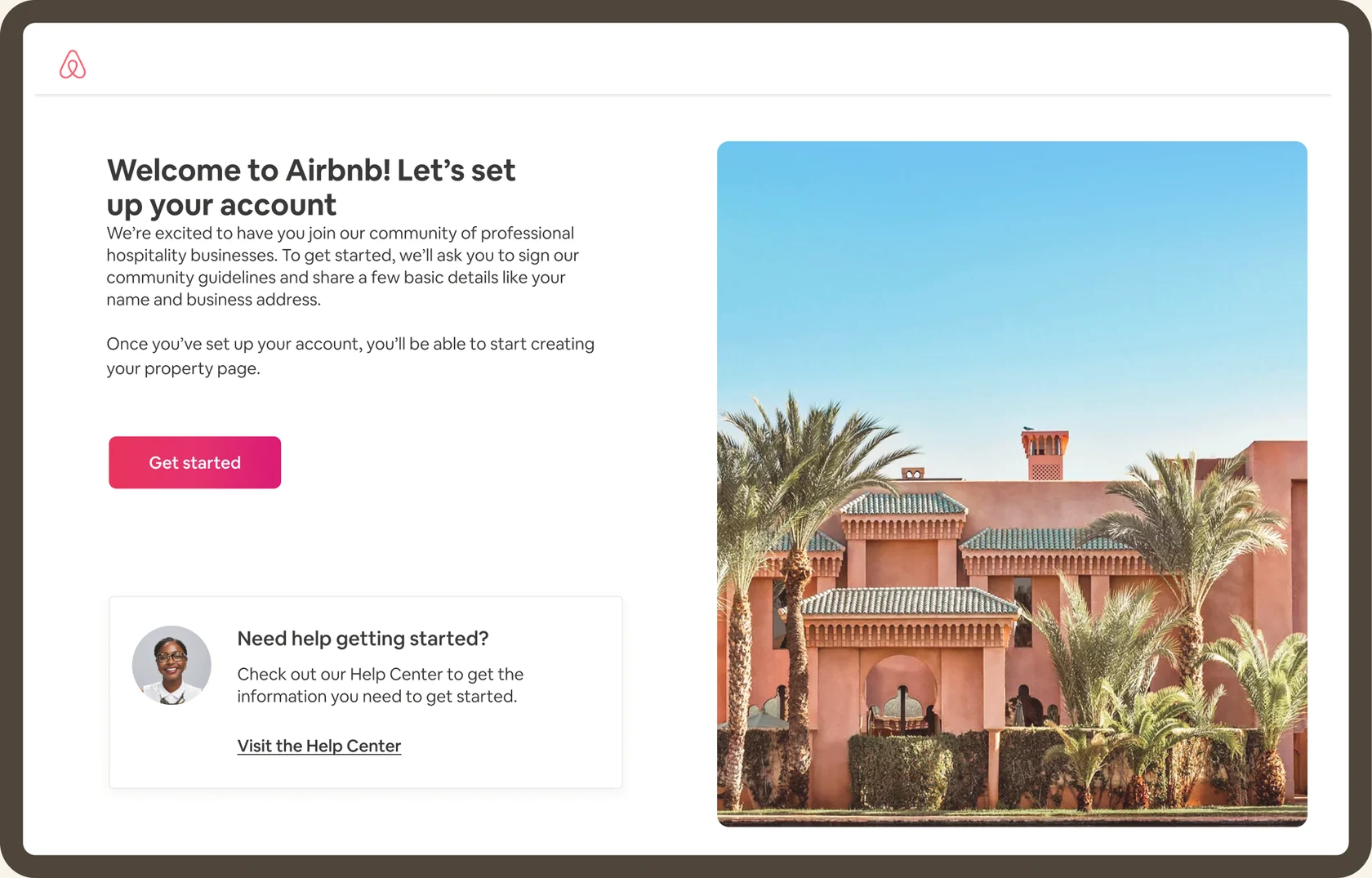 The Airbnb hotel partner signup welcome screen with a Get started button, on a tablet